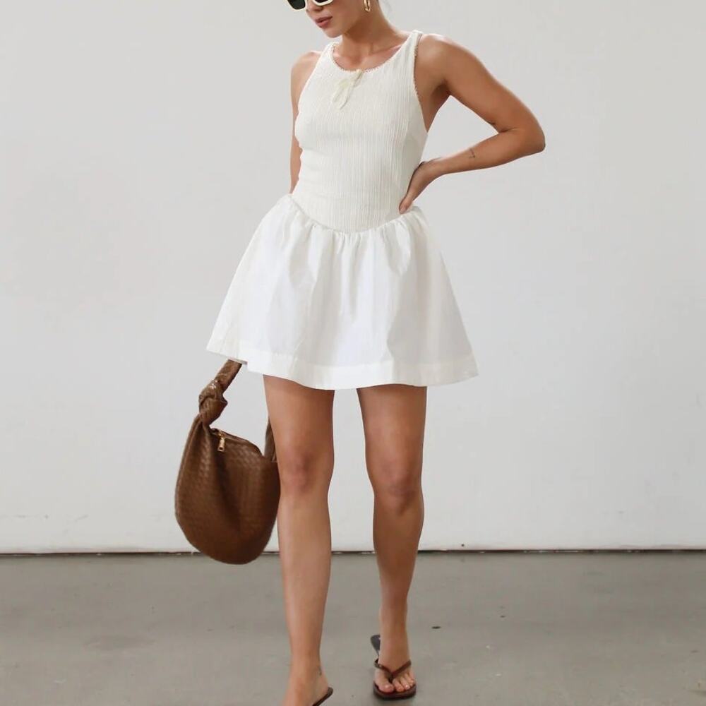 For Love & Lemons Billie Pointelle Mini Dress in Cream Drop Waist Poplin Knit